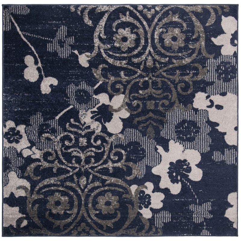 SAFAVIEH, Adirondack Rena Damask Floral Distressed Rug - 6' Square - Navy/Silver
