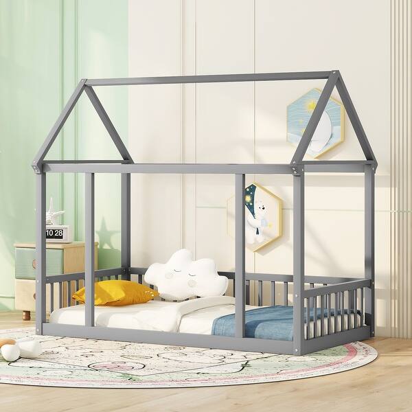 slide 2 of 9, Stylistic Elements Twin Size Floor Wooden Kids Bed with House Roof Frame and Safety Guardrails, Gray Grey
