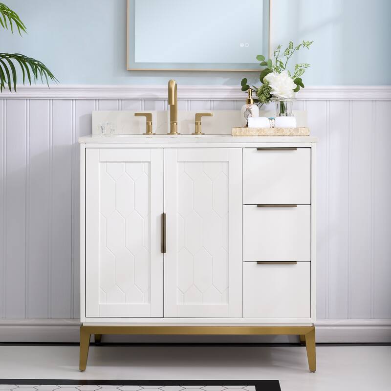 35''H Solid Wood Bath Vanity with Stain-resistant Carrera White Quartz Top and Sink - 36''Wx35''H - White