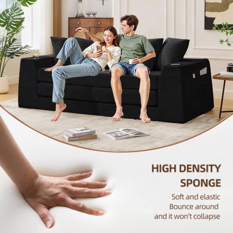 2 in 1 Convertible Sofa Bed, Sleeper Sofa with Storage Pockets, Pull Out Loveseat Couch with Two Cup Holders