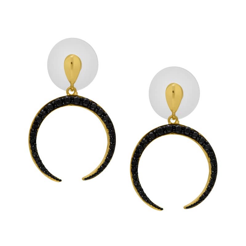 Victoria Townsend Yellow Gold Plated Black Cubic Zirconia Sdeways Cresent Moon Drop Earrings