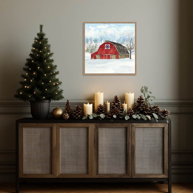 Winter Barn Quilt IV by Tara Reed (22 x 22 in.), Framed Canvas Wall Art Print - Sylvie Beaded Rustic Natural