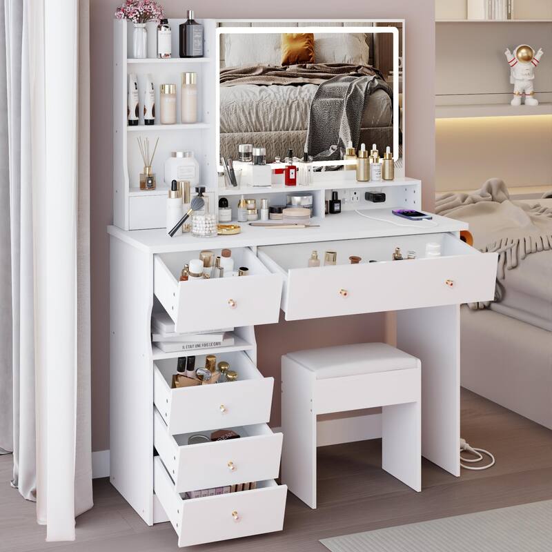 41" Large Size Left Drawer Desktop Vanity Table + Cushioned Stool Dresser Set, 2 AC+2 USB Power Station, Hair Dryer Stand