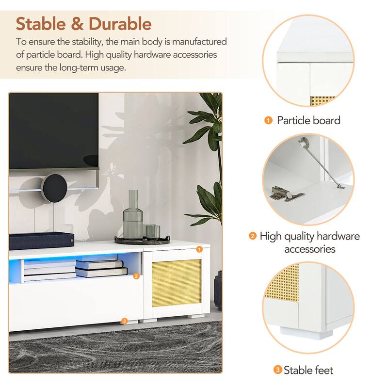 3-Piece Extended TV Stand with Color-Changing LED Lights - Rattan Style, Push-to-Open Doors, 82" Entertainment Center