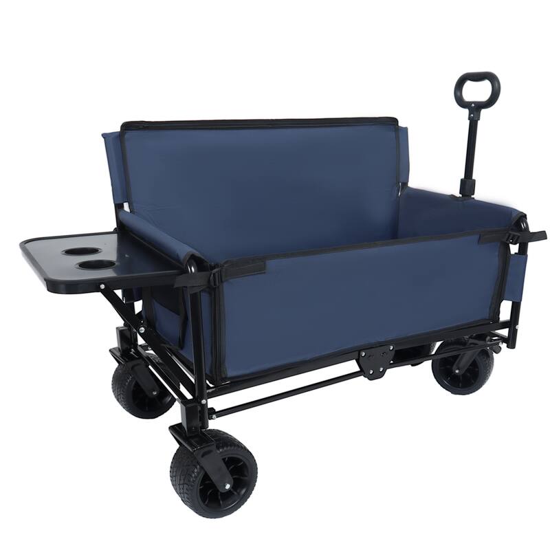 3-in-1 Convertible Folding Wagon Cart with Bench Seat & Rear-Mounted Folding Tabletop,180L Capacity All-Terrain Wheels - Blue
