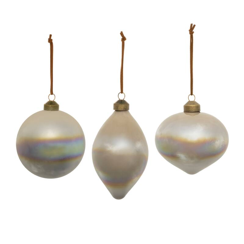 Iridescent Glass Ornaments with Leather Hanger Set of 6 Decor - 3” x 3” x 6” (L x W x H)