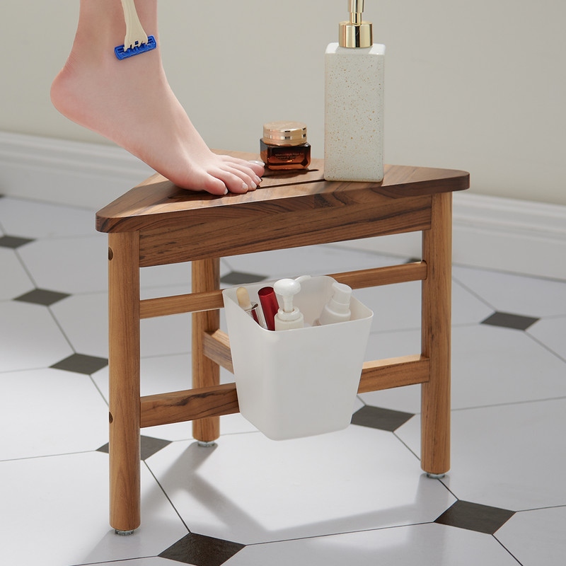 Utopia Alley 12 in. Small Teak Corner Shower Stool with Plastic Storage for Inside Shower Indoor Outdoor Use