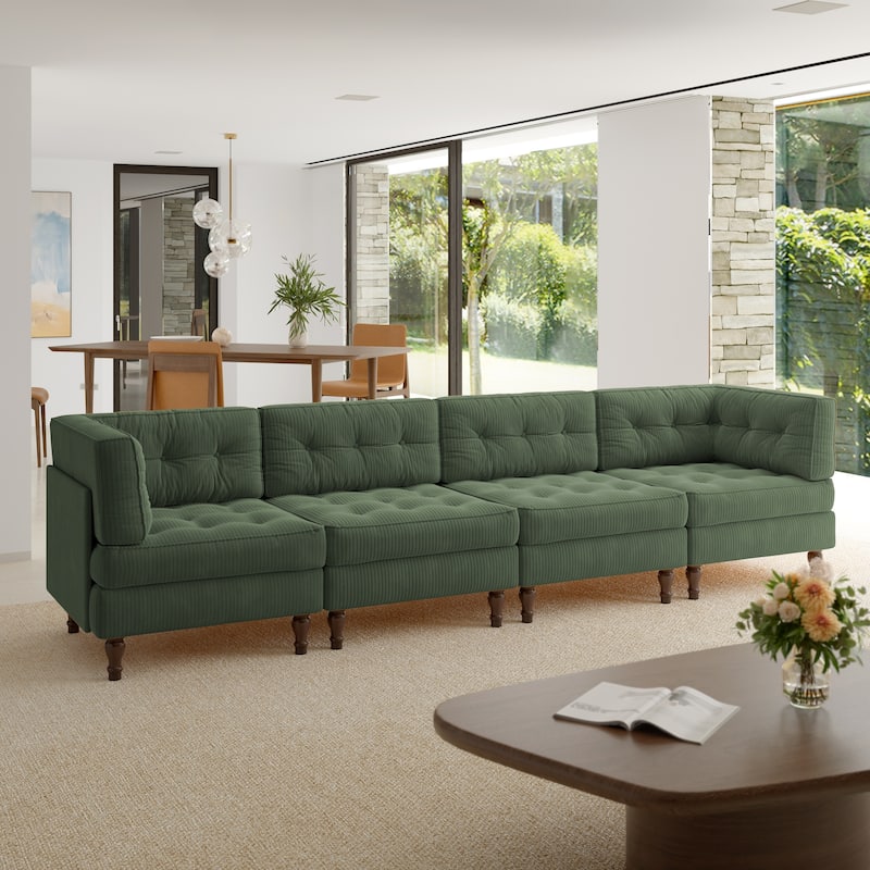 Oversized Modular Sectional Corduroy Fabric Tufted Sofa - Green-4 peice - Symmetrical
