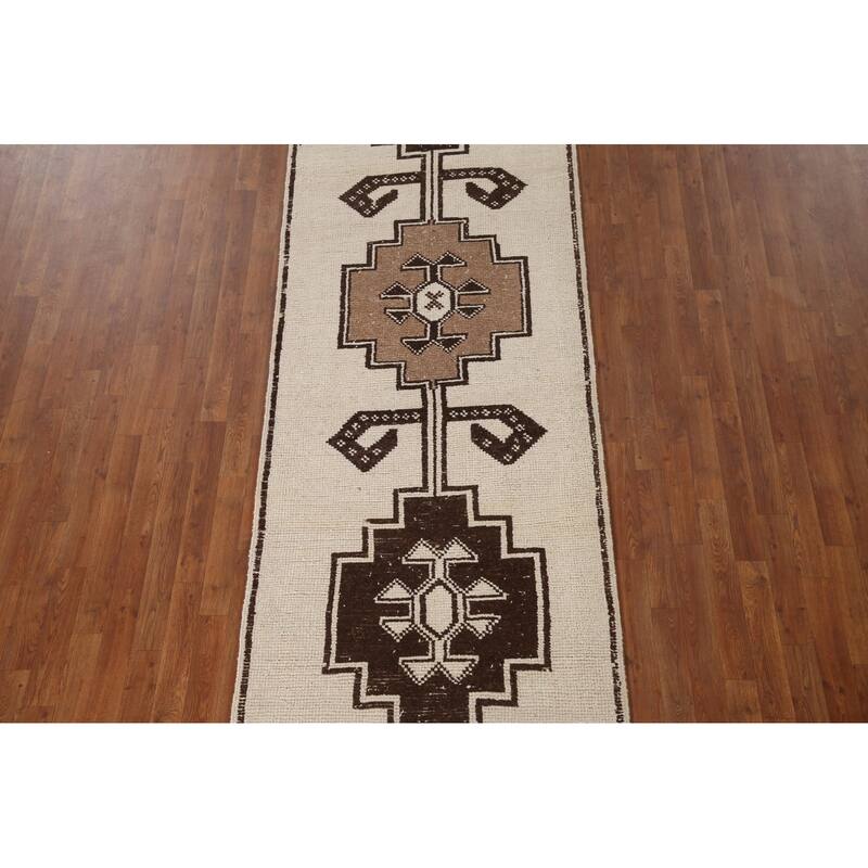 Anatolian Turkish Runner Rug Handmade Beige Tribal Wool Carpet - 3'5"x 12'3"