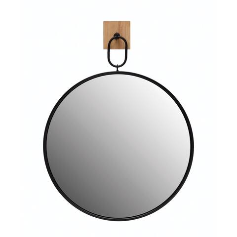 Round Metal Framed Wall Mirror with Wood and Metal Bracket, Black and Natural