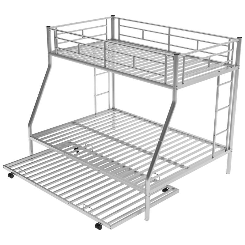 Twin over Full Bunk Bed with Trundle, Two-Side Ladders, Silver Finish
