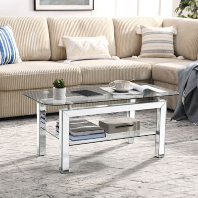 Rectangle Tempered Glass Coffee Table, Tea Table for Waiting Room, Modern Side Coffee Table with Mirrored Stainless Leg