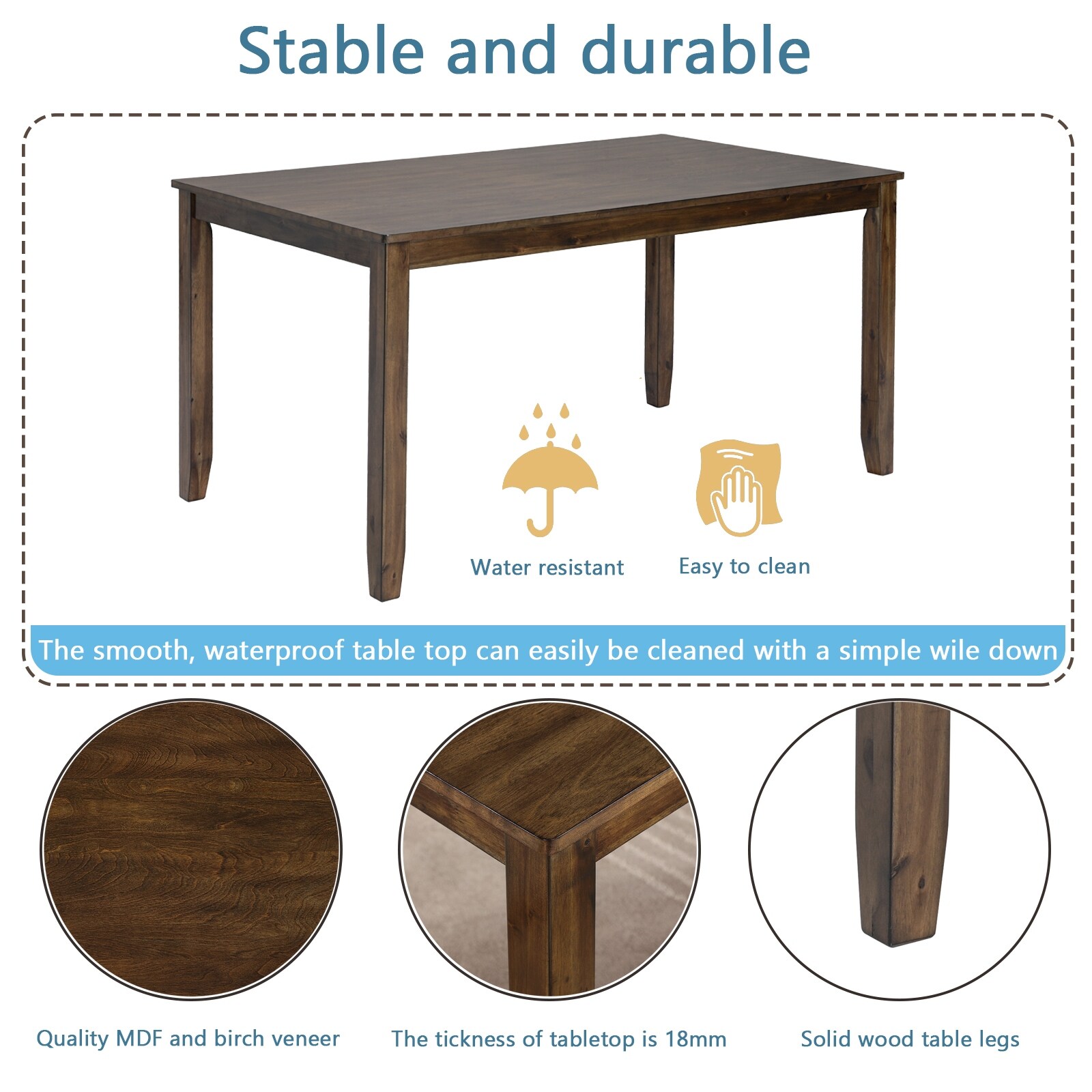 Wooden Dining Rectangular Table, Kitchen Table for Small Space, 4
