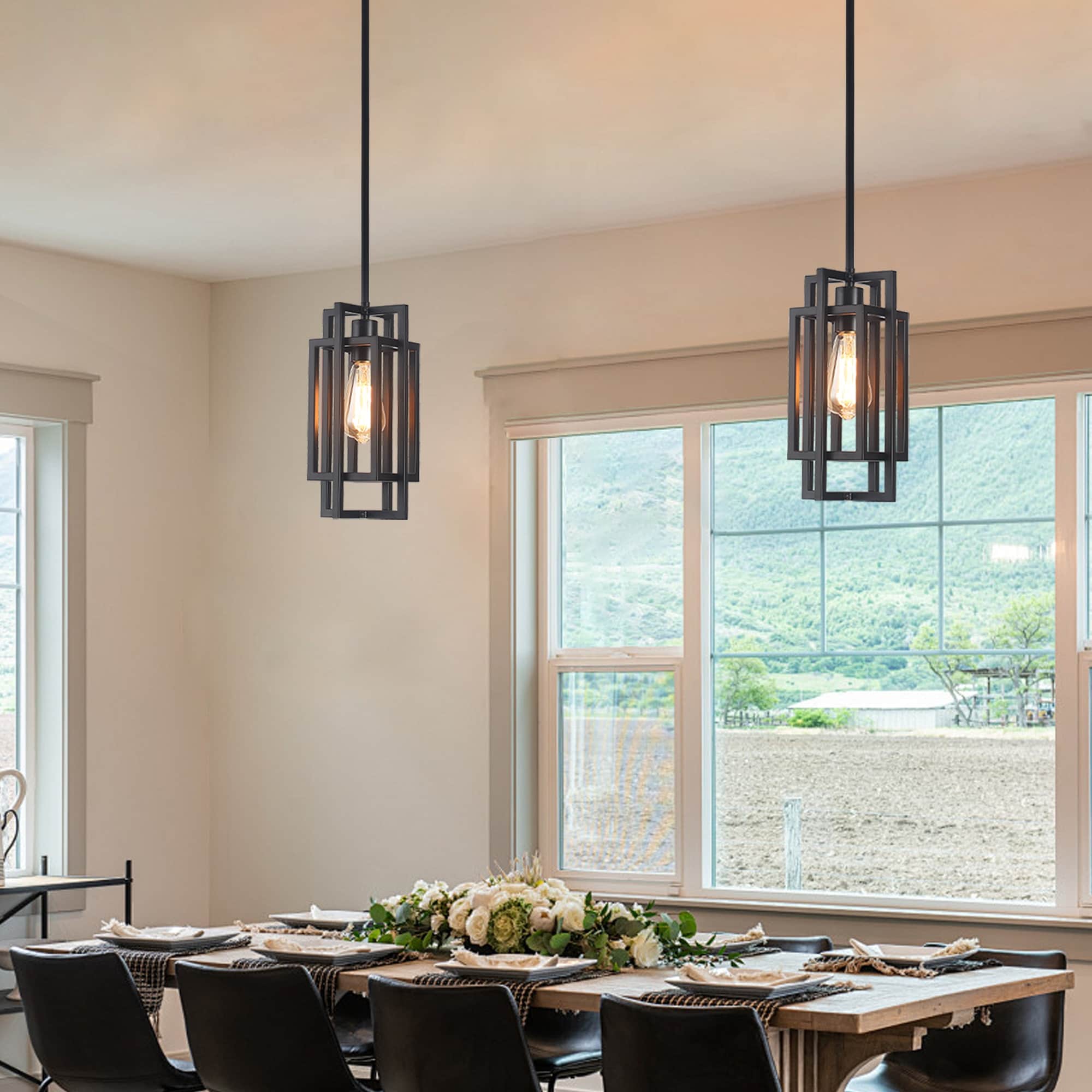 Rustic Farmhouse 1 -Light Pendant, Adjustable Small Square Pendant Ceiling Hanging Light for Dining Room Entryway