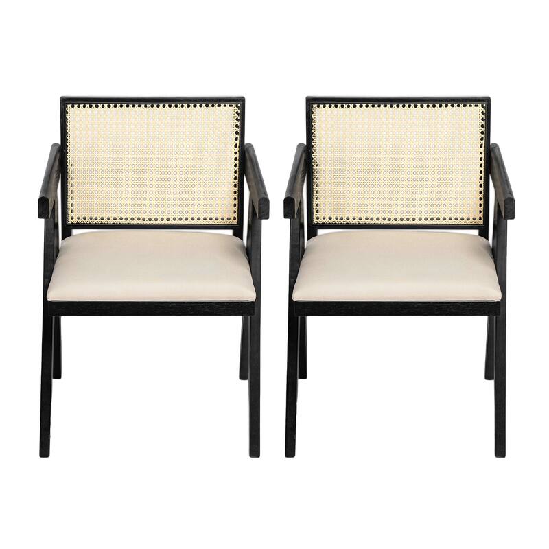 Farmhouse Rattan Dining Chairs Set of 2, Upholstered Armchairs with Backrest, Kitchen Side Chairs with Solid Wood Frame