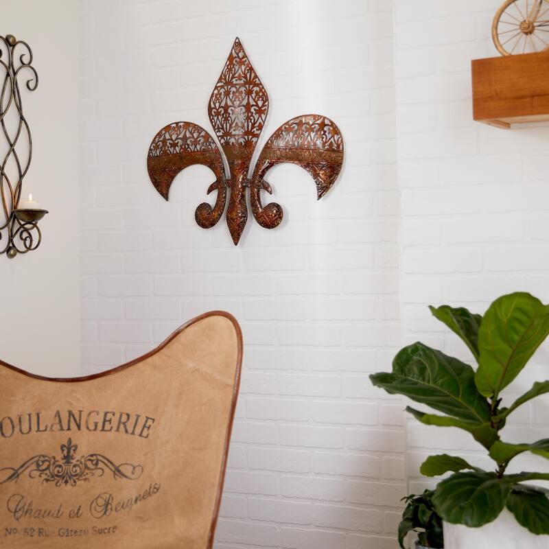 Metal Fleur De Lis Wall Decor with Perforated Details - Brown - Roche River Decor