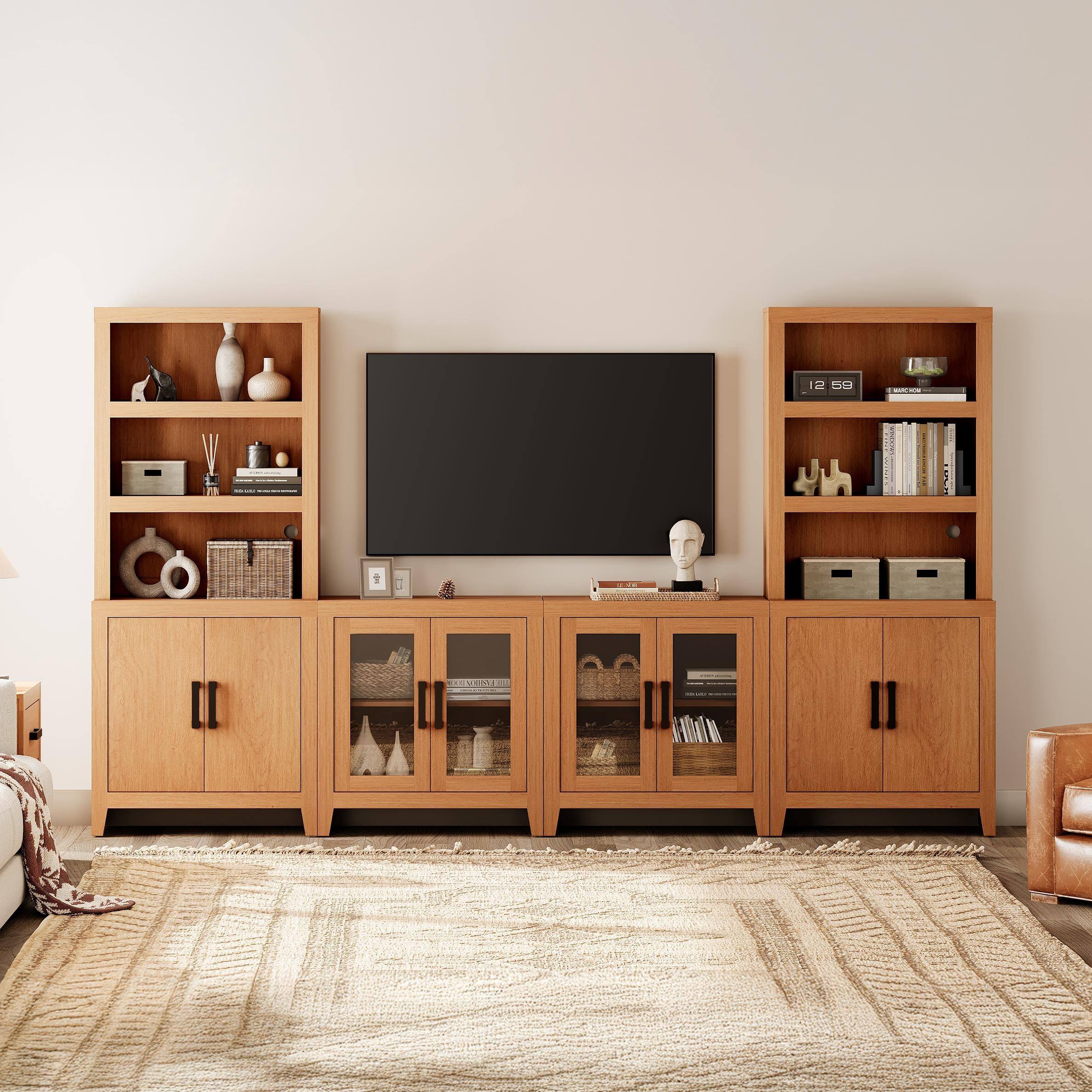 WAMPAT Large Entertainment Center with Bookshelves, Farmhouse TV Stand with Storage Cabinets & Glass Doors