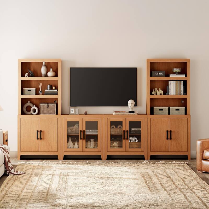 WAMPAT Large Entertainment Center with Bookshelves, Farmhouse TV Stand with Storage Cabinets & Glass Doors - Mocha