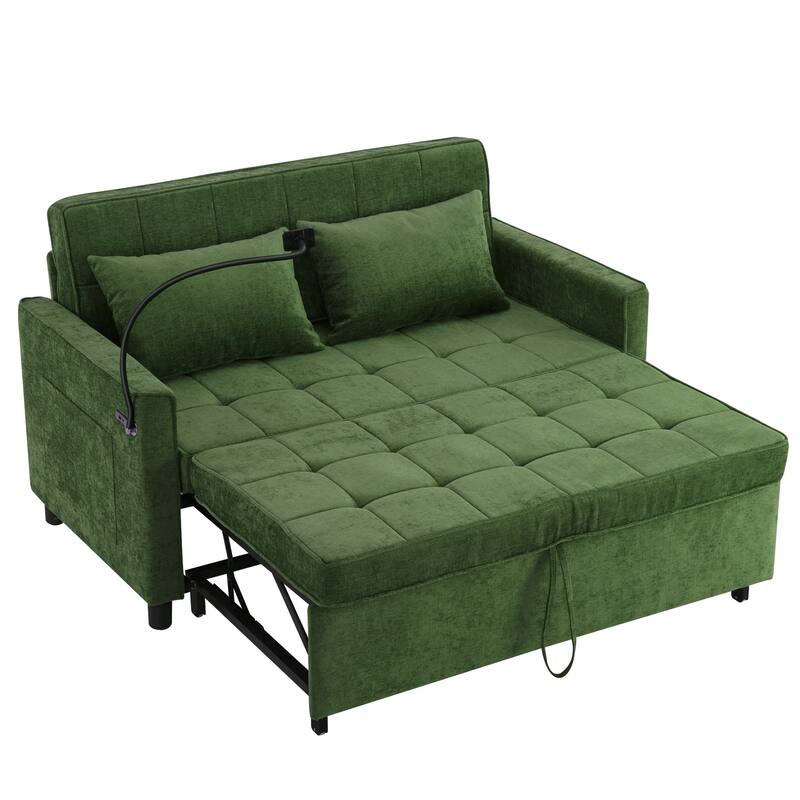 Pull-Out Sofa Bed Sleeper Sofa with A Reversible Backrest Cushion, Side Pockets, Two USB Ports and a Phone Holder