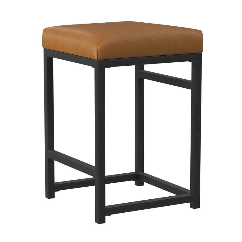 Toko Backless Counter Stool, Brown Faux Leather, Industrial Black