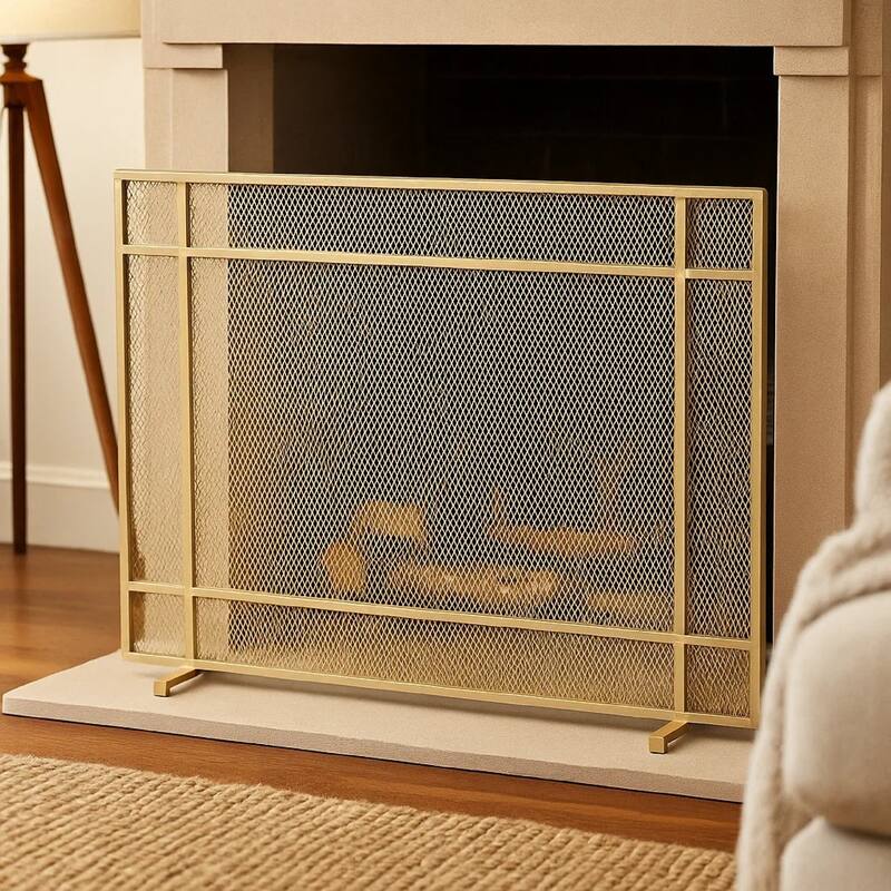 Fireplace Screen, Single Panel Design, Diamond Mesh 32 x 41, Gold Iron