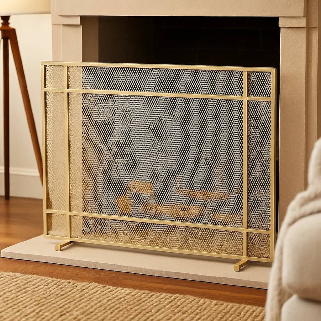 Fireplace Screen, Single Panel Design, Diamond Mesh 32 x 41, Gold Iron