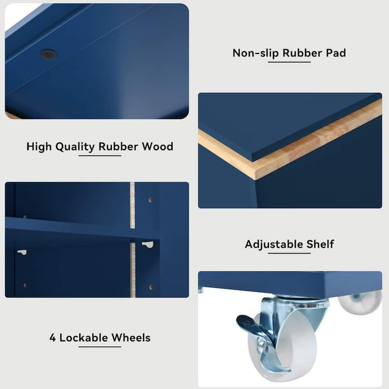 Navy Blue Rolling Kitchen Island on Wheels with Extended Table, Rubber Wood Table Top Kitchen Cart Portable Kitchen Cabinet