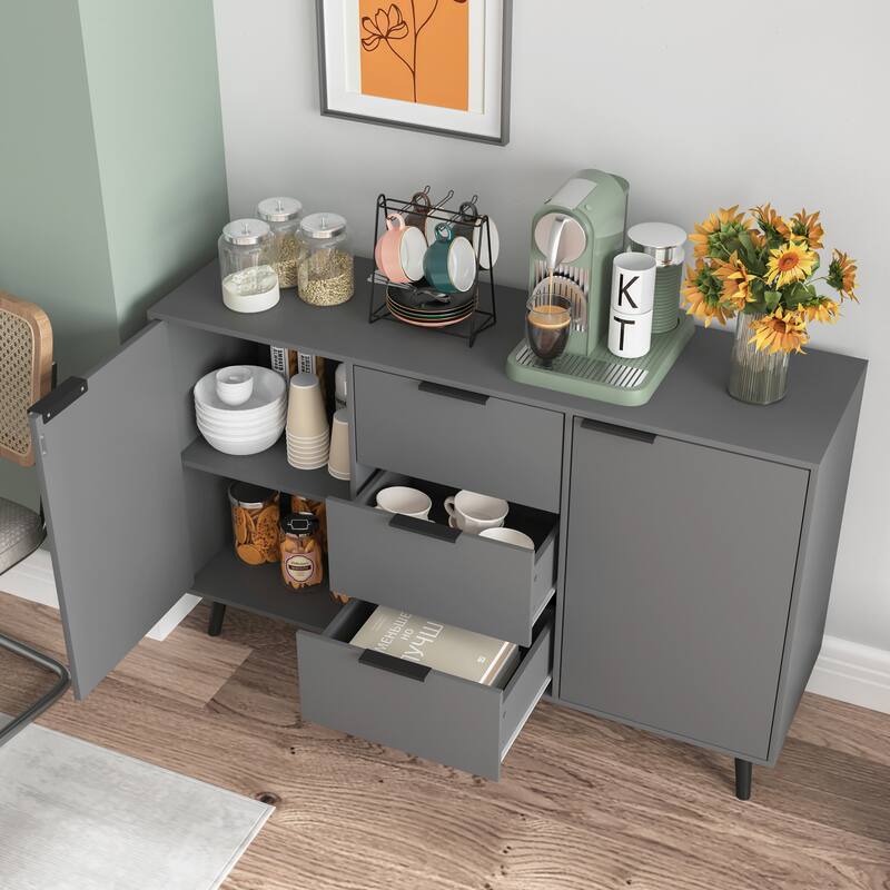 Sideboard Cabinet with Storage, Buffet Sideboard with 3 Drawers and 2 Doors, Wood Coffee Bar Cabinet with Adjustable Shelves