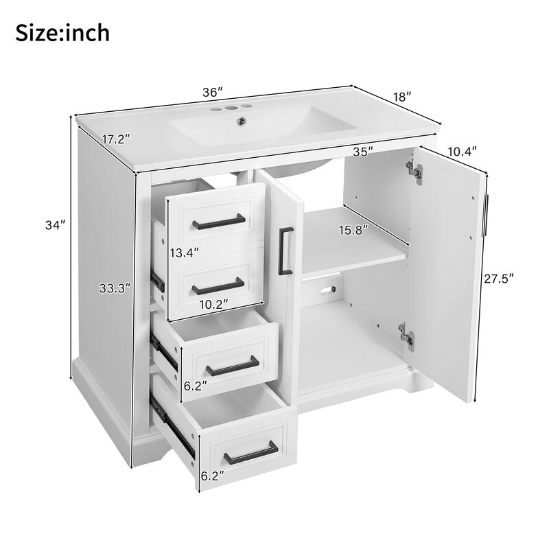 36" Modern Bathroom Vanity with Ceramic Sink, Soft-Close Door, Adjustable Shelf & 3 Drawers, Ample Storage