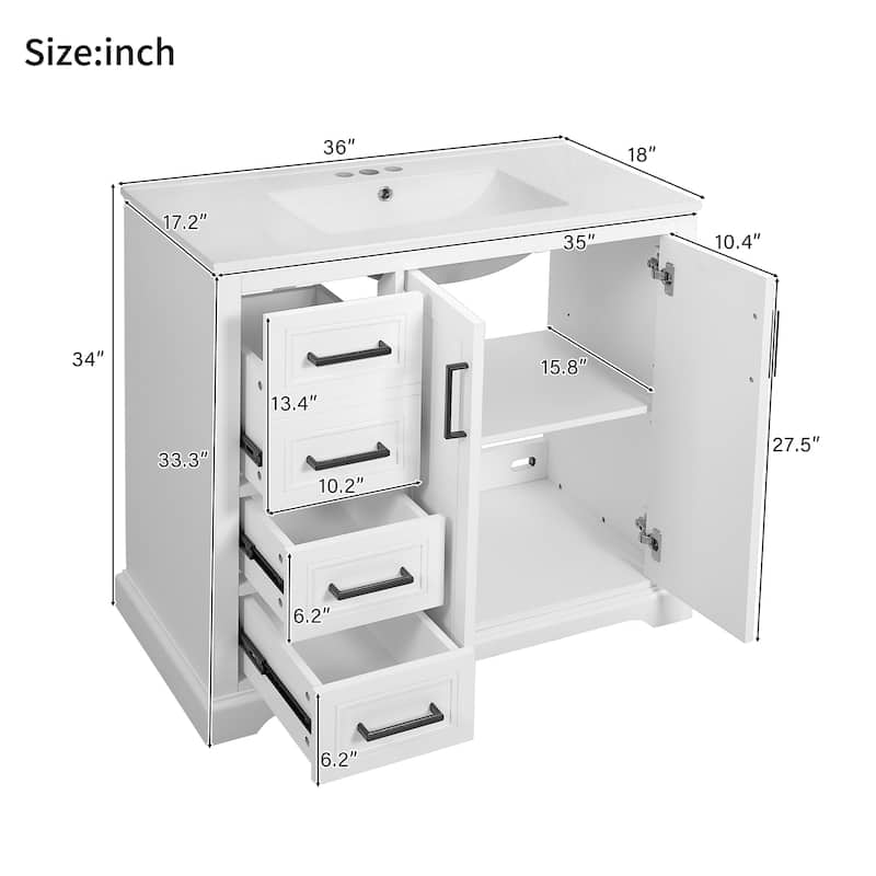 36" Modern Bathroom Vanity with Ceramic Sink, White Freestanding Cabinet with Soft-Close Doors, 3 Drawers & Adjustable Shelf