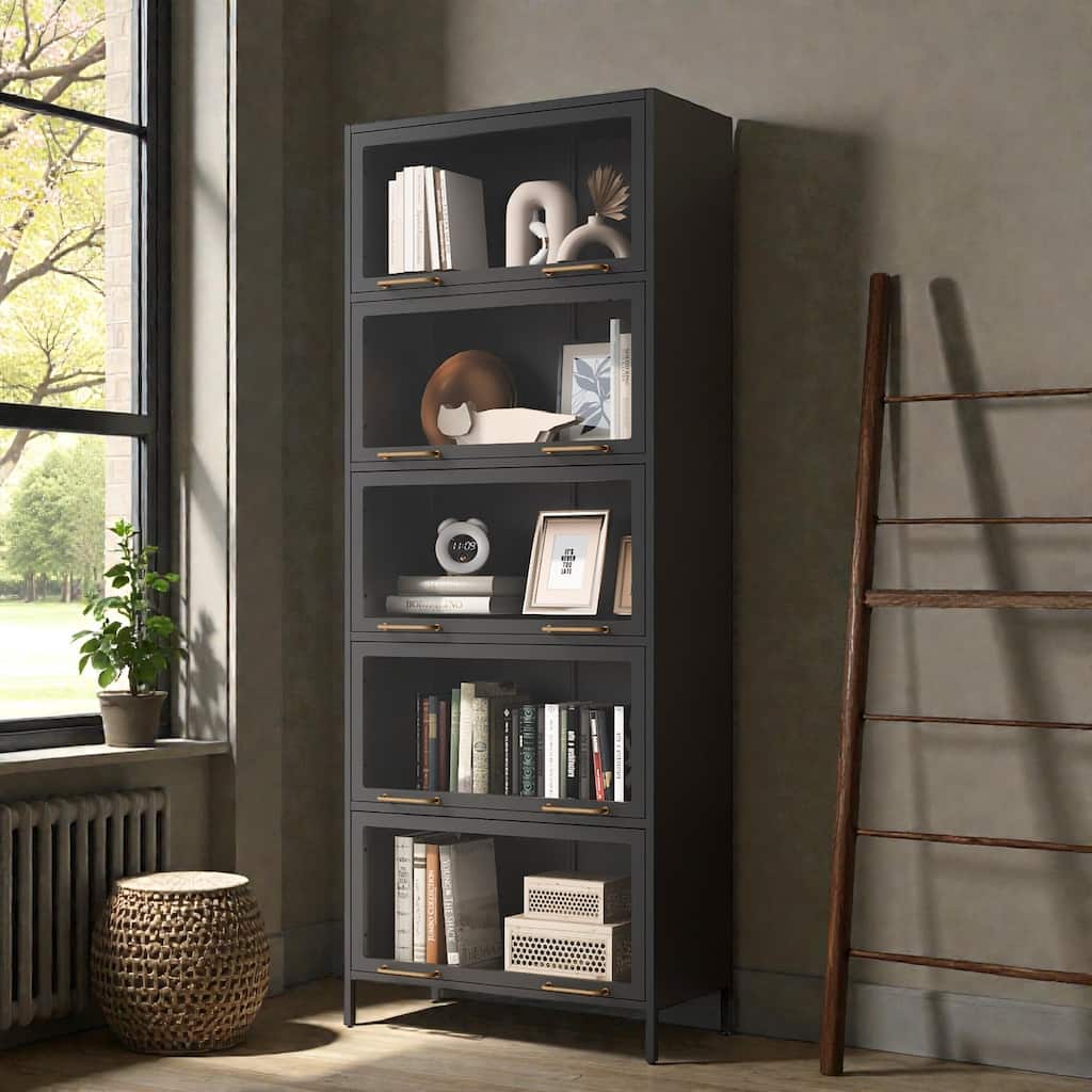 76.75 Inch Iron Display Cabinet with LED Lights, 5 Tier Steel Barrister Bookcase with Glass Doors