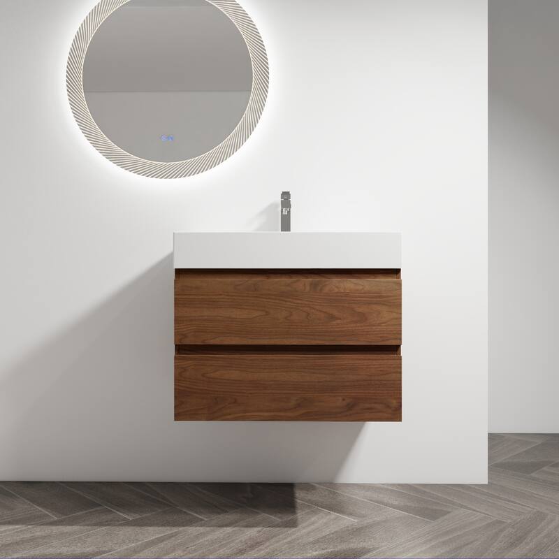 Vanity with Thick Edge Resin Sink, Soft-Close Drawers, Water-Resistant Melamine Surface (Sink and Cabinet Only) - 29.5in L Plywood - 29.5in L Brown Oak