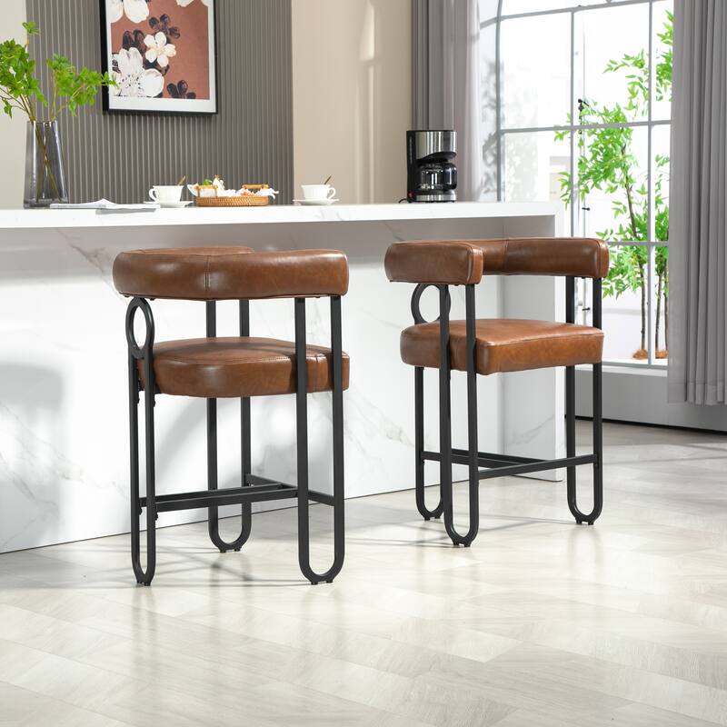 Bar Stools Set of 2, Upholstered Counter Height Stools with Back, Kitchen Island Chairs with Footrest and Metal Frame