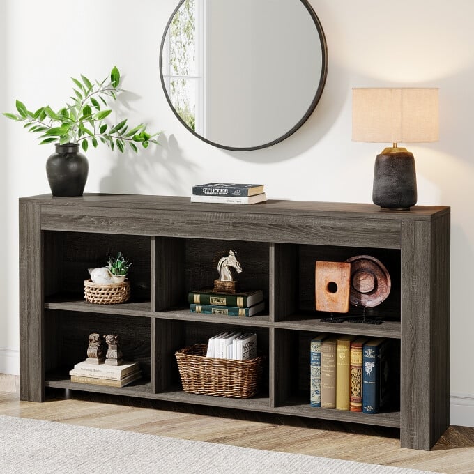 Long Console Table, Rustic Wood Entryway Table with 6 Storage Cubes
