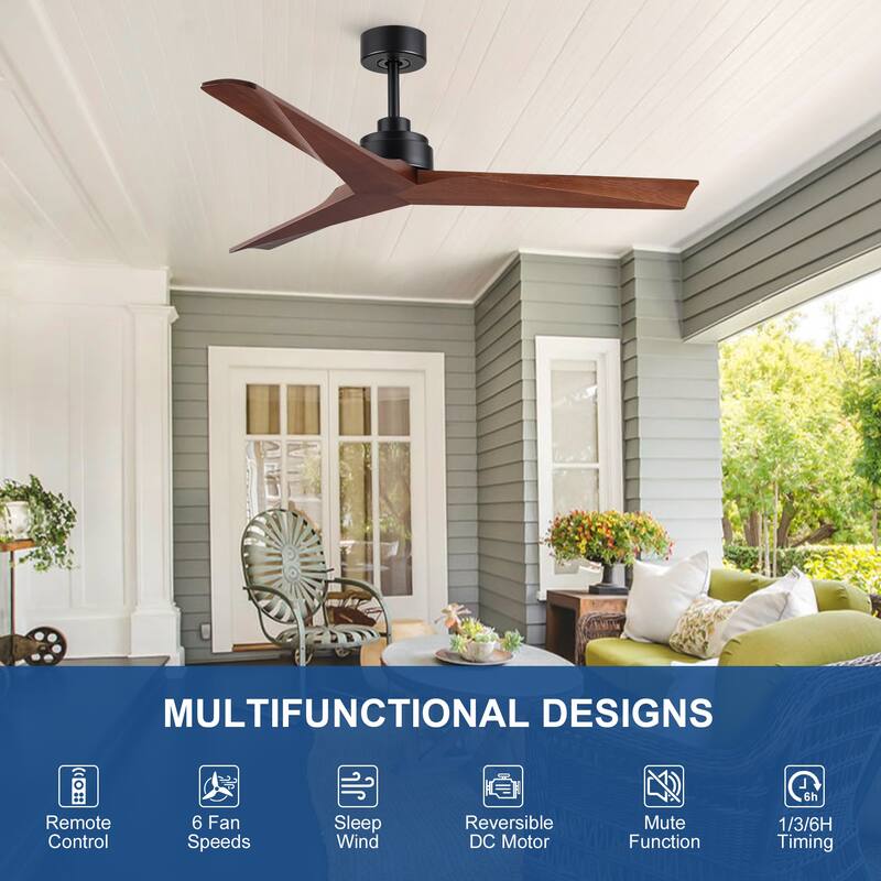 YUHAO SylvanAir Modern 52 in. Flush Mount Outdoor/Indoor Ceiling Fan with 3 Solid Wood Blades and DC Reversible Motor