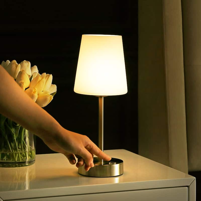Eli 12.75" Modern Minimalist Iron Wireless Rechargeable Integrated LED Table Lamp, Nickel/White by JONATHAN Y
