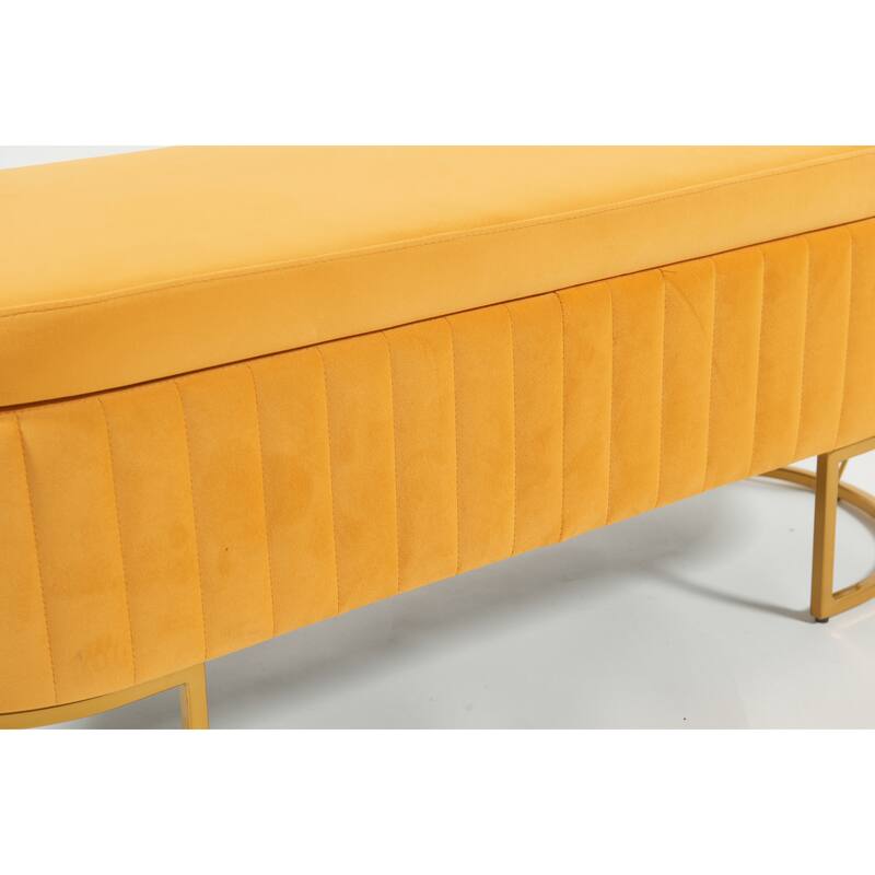 Oval Velvet Storage Bench with Metal Legs - Upholstered Bedroom Bench, Modern Storage Ottoman Bench