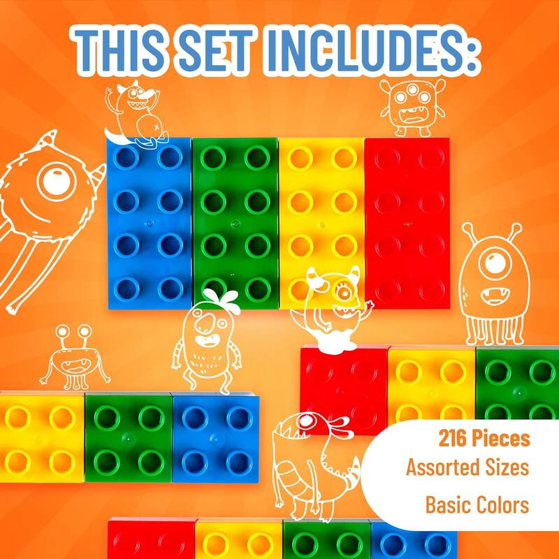 Strictly Briks Building Block Set, Blue, Green, Red, Yellow, 216 Pieces, Compatible with All Major Brick Brands