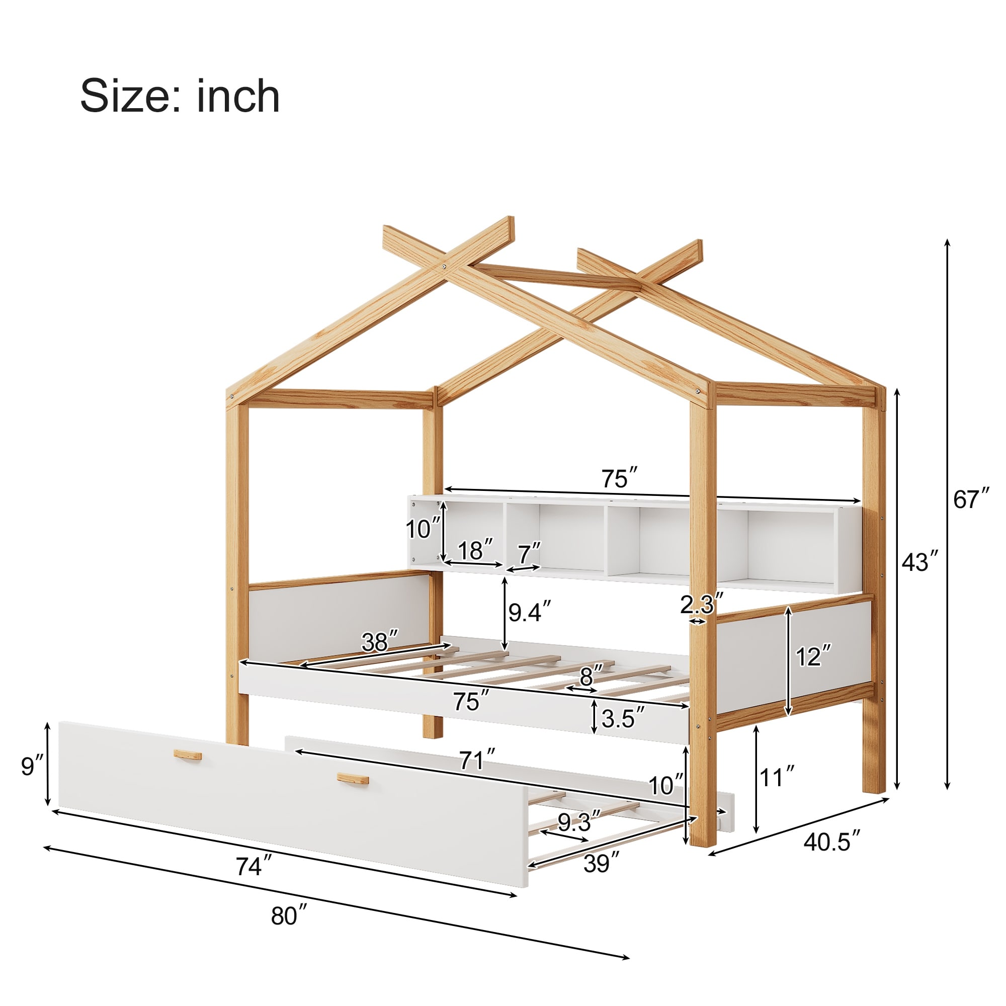 Kids Wooden House Bed with Bookshelf & Trundle