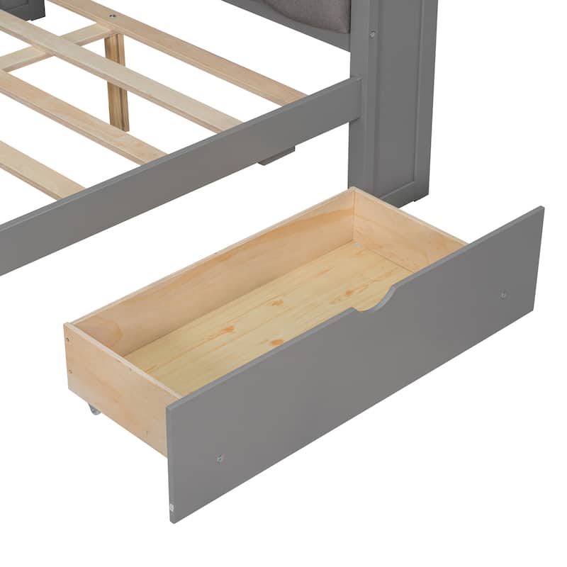 LED Platform Daybed, Wooden Sofa Bed Frame with Built In Desk, Charging Station, Upholstered Headboard, 2 Drawers and Shelves