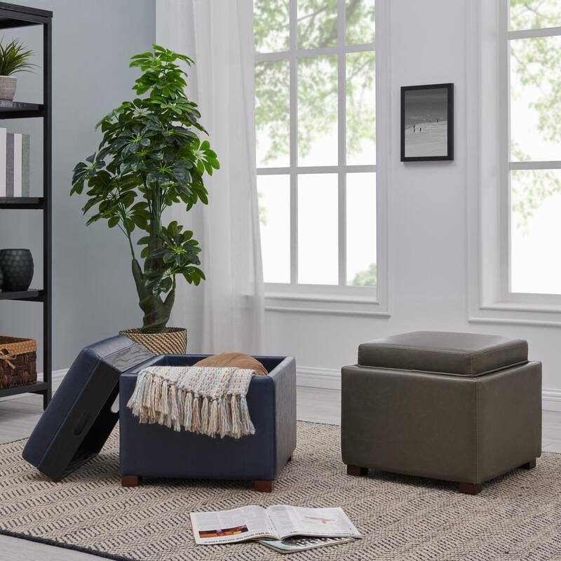 NPD Furniture Cameron Bonded Leather Square Storage Ottoman with Tray