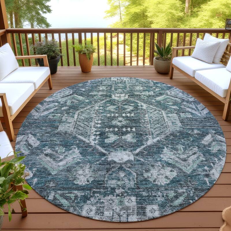 Machine Washable Indoor/ Outdoor Boho Traditional Chantille Rug - Teal - 8' x 8'