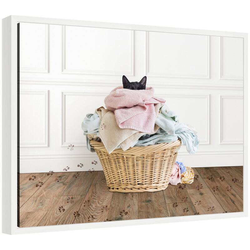 Kate and Laurel Sylvie Cat in a Basket Traditional Laundry Framed Canvas by Amy Peterson - 24x18