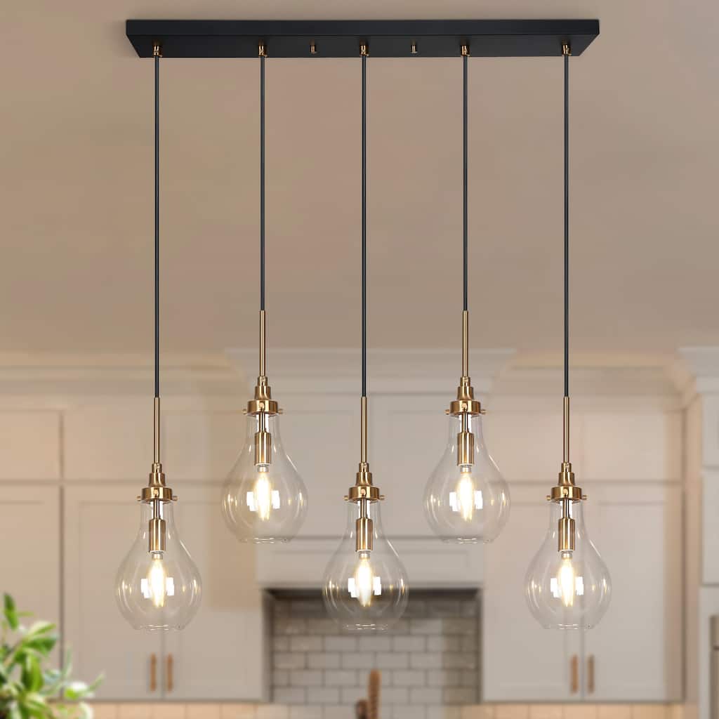 Synia Mid-century Modern Black Gold Linear Chandelier 5-Light Bar Cluster Kitchen Island Light Dining Room