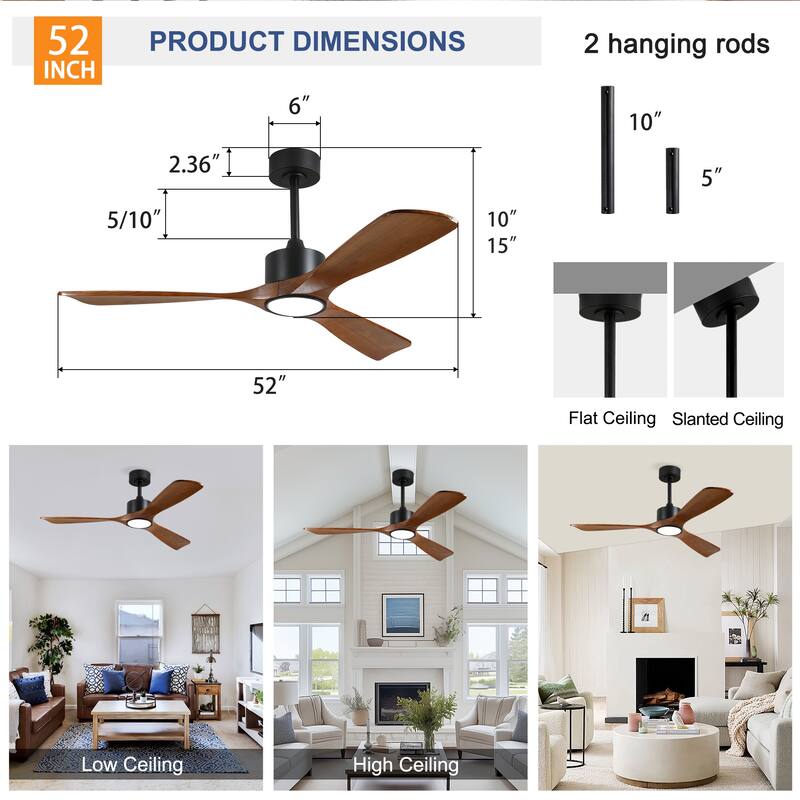 3 Rod Solid Wood Ceiling Fan With Light Kit Dimmable LED