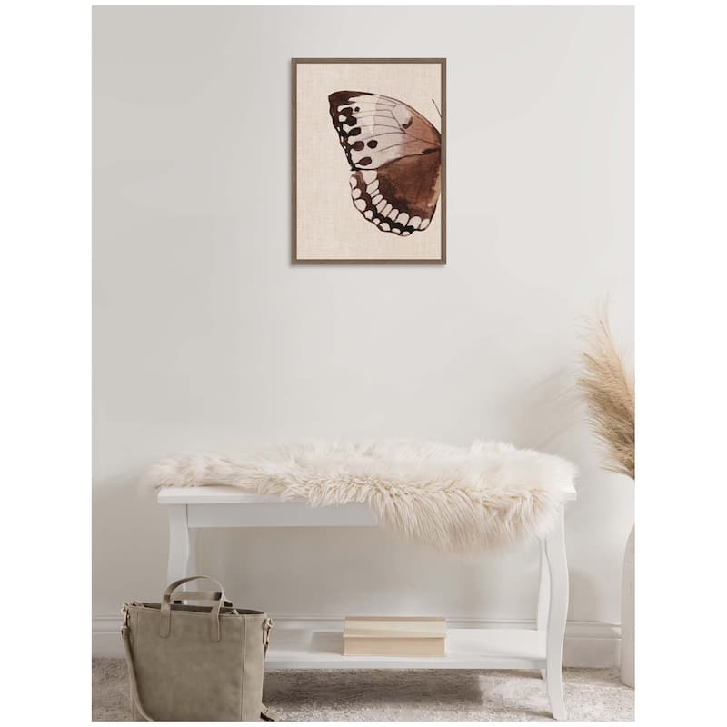 Kate and Laurel Sylvie Retro Butterfly Watercolor Diptych Neutral Burlap Left Framed Canvas by The Creative Bunch Studio