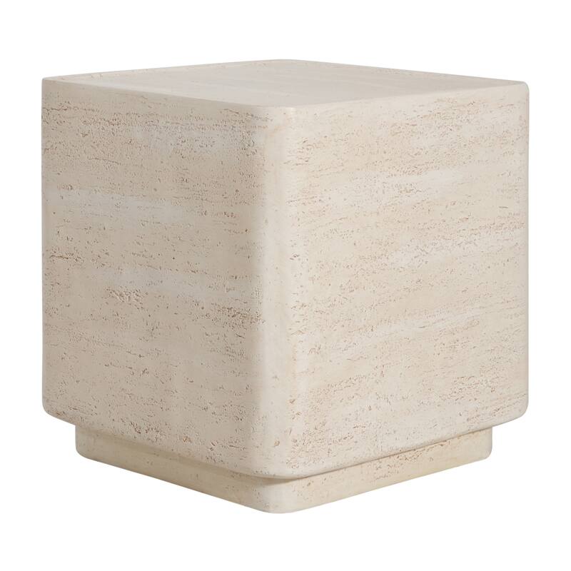 Roomfitters Daphne Outdoor MGO Side Table with Travertine Look, Square Modern Accent, Beige Finish