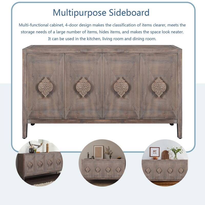 4 Door Antique Sideboard Buffet Cabinet with Carved Flower Handles, Adjustable Shelves, for Living Room, Kitchen, Hallway