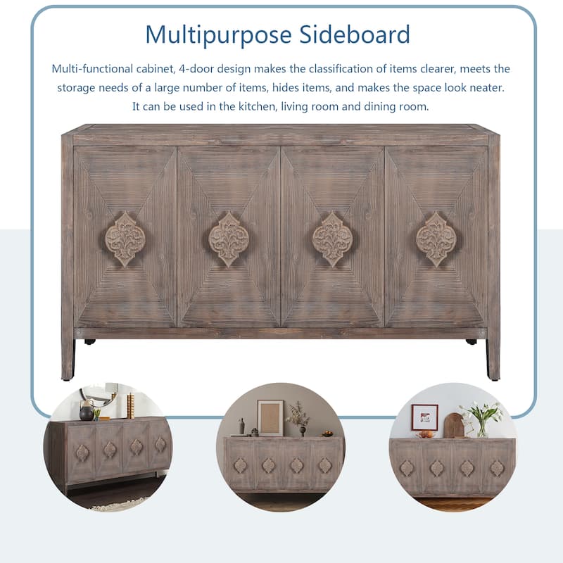 59.8" Antique 4-Door Sideboard Buffet Cabinet with Carved Flower Handles, Pine Veneer Storage Console for Living Room