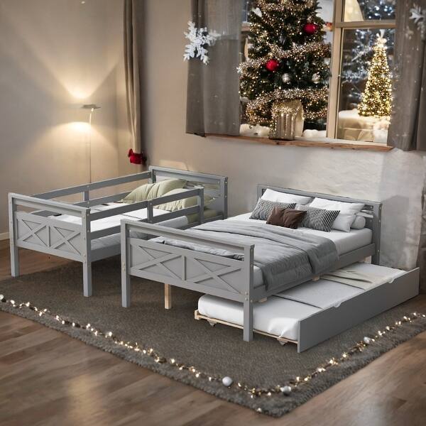 slide 2 of 17, Twin over Full Bunk Bed with Ladder, Twin Size Trundle,Box Spring Not Required Grey